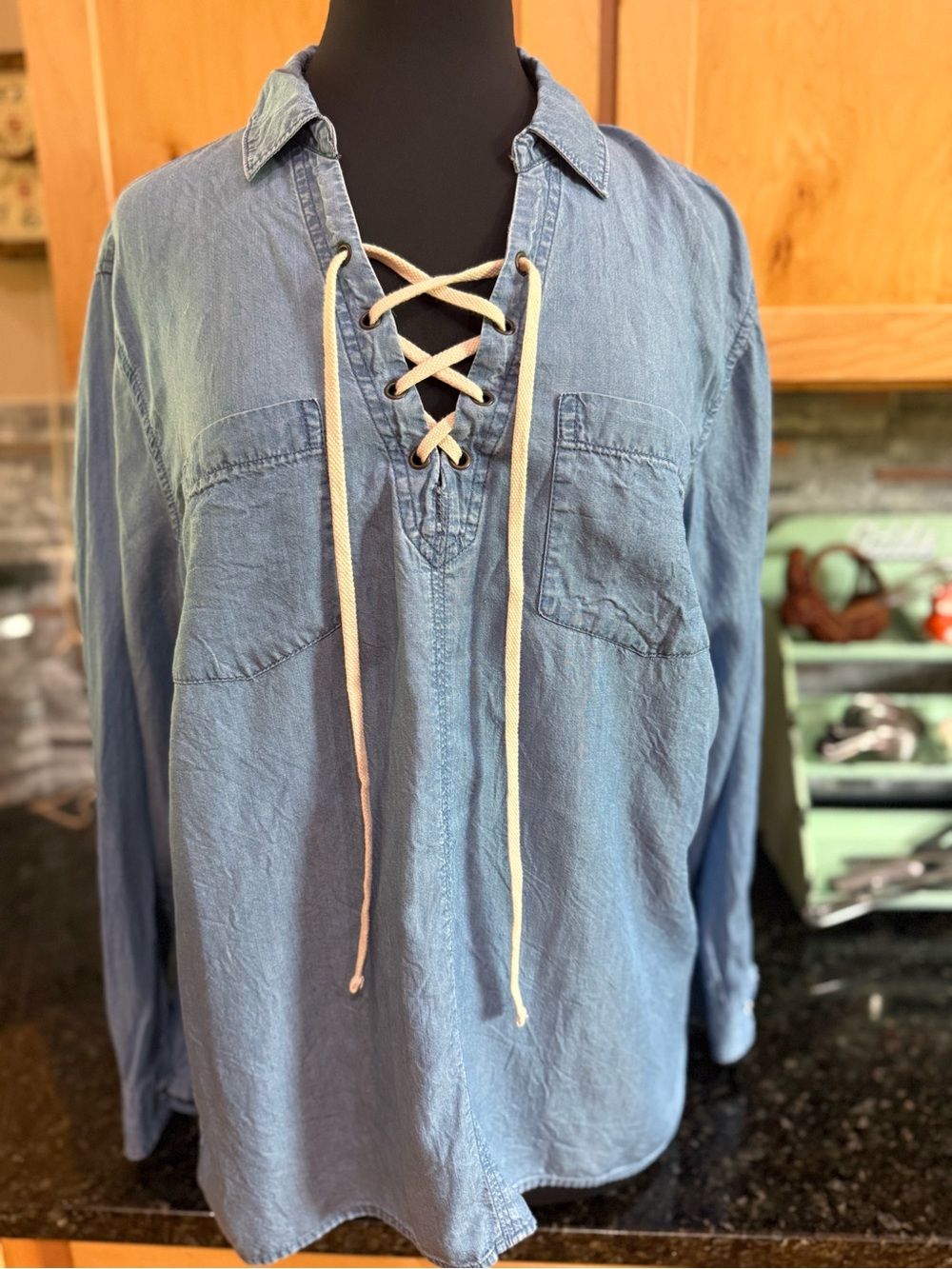 Old Navy Light Blue Chambray Lace-Up Shirt